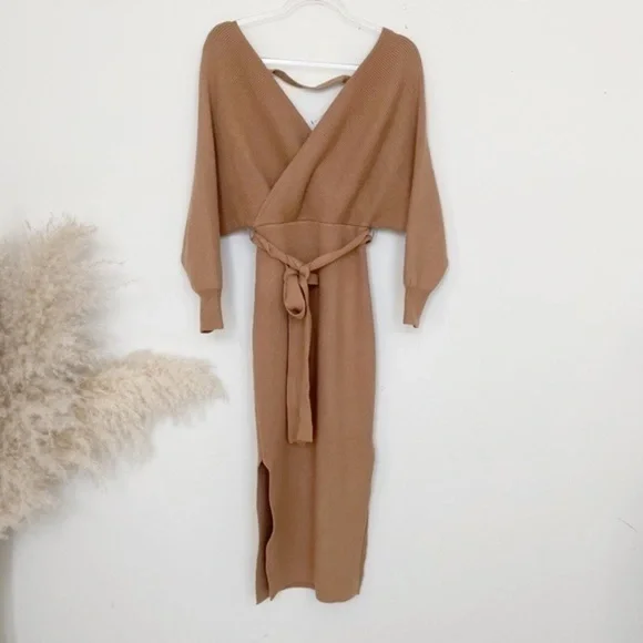 Cozy tan knit sweater midi dress with belt - Picture 8 of 13